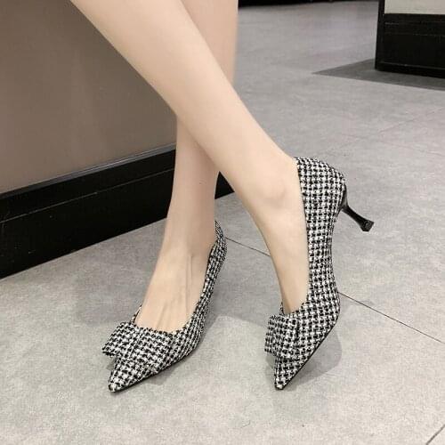 Women High Heels Single Shoes Female Spring Fashion Designer Style Plaid Stripes Pointed Toe Wedding Party Woman Shoes W37-12