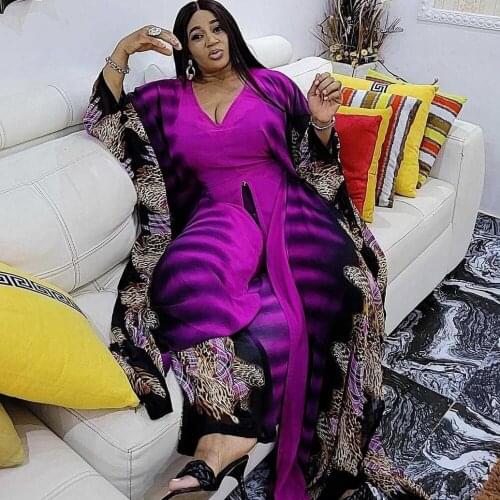 Women Printed Two Pieces Set Irregular Tops Bawting Sleeve V Neck Loose High Waist Wide Leg Pants African Fashion Suits New 2021