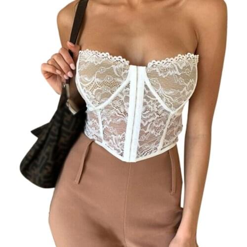 Womens Sexy See-Through Floral Lace Corset Crop Top Strapless Hook Front Overbust Lingerie Bustier Open Back Solid Color 50JB