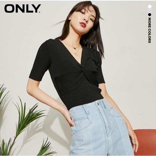 ONLY spring new V-neck waist hem buckle stitching decorative knitted sweater women | 120324037