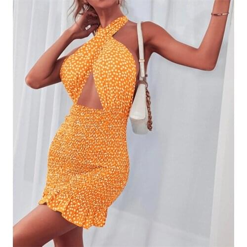 2021 New Women Sleeveless Backless Cross Hollow Out Dress Fashion Floral Printed Pattern Halter Neck Summer Short Dress