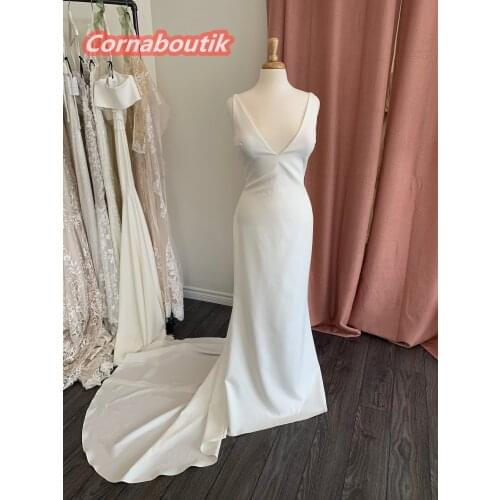 Mermaid Chic Crepe Wedding Dress COR-020 Plunging Neckline Deep Open back Bridal Gowns Vestidos De Noiva Mariage