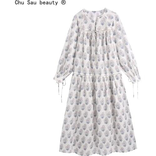 Summer 2021 Floral Printed Long Dress Stitching Long-Sleeve Belted Vintage O-Neck Lace-Up Mid-Length Dresses Women Vestido