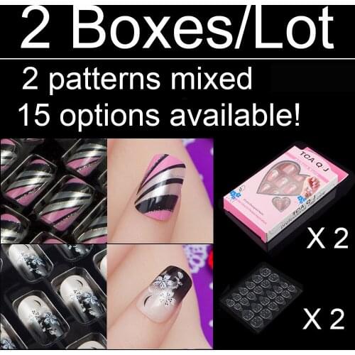 2 Boxes/lot Full Cover Nail Tips Square Shape fake nails art with design acrylic false nails 2 patterns mixed with nail adhesive