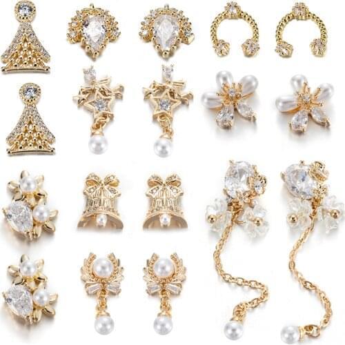 Newest 2 Pcs Lot Pendant Chain 3D Alloy Butterfly Nail Art Zircon Pearl Metal Manicure Nails DIY Accessories Nail Decoration