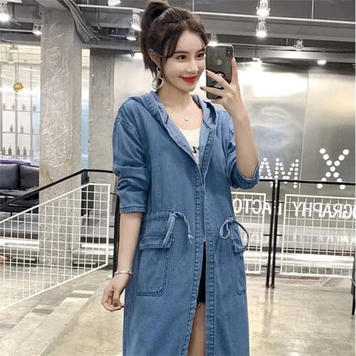 Spring Autumn Plus Size 2021 New Womens Drawstring Mid-Length Hooded Windbreaker Womens Loose Western Style Denim Jacket Trend