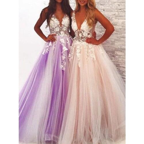 Appliques Prom Dresses 2021 Long Tulle Double V Neck A Line Formal Wedding Party Gowns Robe De Soire