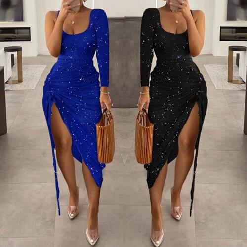 Elegant U Neck Glitter Drawstring Ruched High Slit Bodycon Dress Summer Holiday Sequins Dress Party Clubwear Sexy Womens Robes