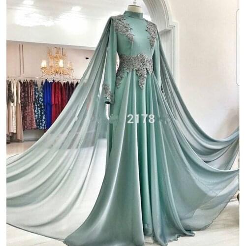Elegant Muslim Evening Dresses A-line Long Sleeves Chiffon Beaded Islamic Dubai Saudi Arabic Long Evening Gown Prom Dresses