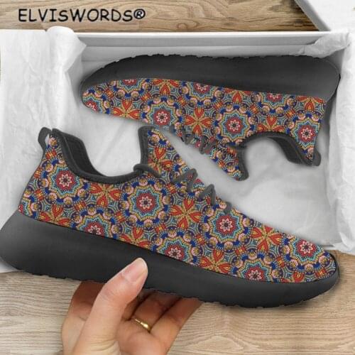 ELVISWORDS Bohemian Pattern Casual Lace Up Sneakers for Women Breathable Ladies Walking Shoes Comfortable Female Flats Shoes