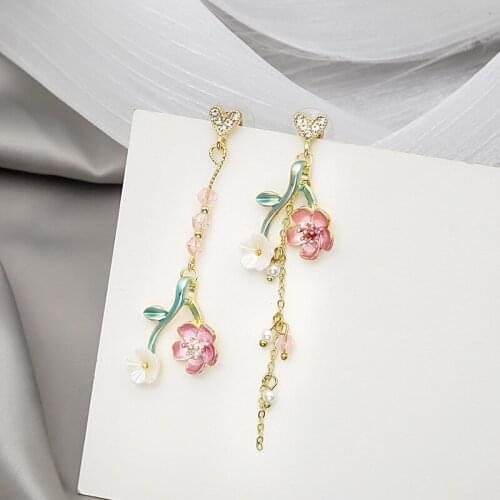 Find Me Fashionable Fresh Cute Asymmetrical Long Tassel Flower Drop Earrings For Women Party Jewelry Accessories Gifts