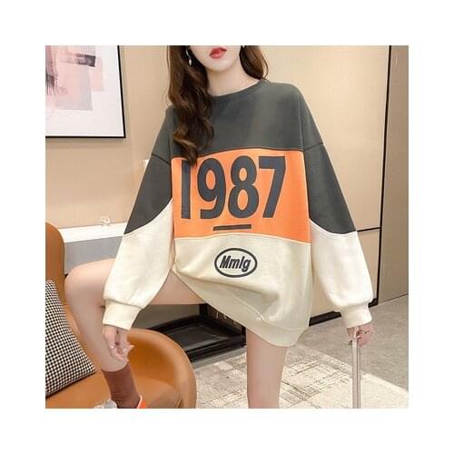 1987 Hot Sale Women Winter Vintage Sweatshirt Female Color Block Knit Plus Size Oversize Sweatshirt Women Hoodies