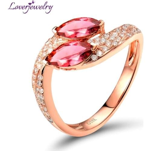 LOVERJEWELRY Stunning Marquise Pink Tourmaline Ring Natural Diamond Ring Solid 18K Rose Gold Ring For Women Party Jewelry Gift