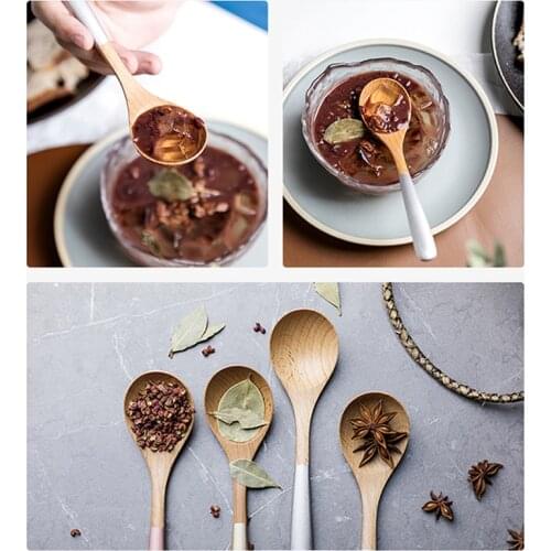 Painted Wooden Handle Wooden Spoon Beech Wood Mixing Curved Handle Spoon Bamboo Teaspoons Soup Ladle Tableware Kitchen Utensils