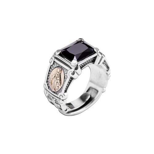 925 Sterling Silver colour Black Agate Virgin Mary Rings For Men Retro Square Natural Stone Jewelry
