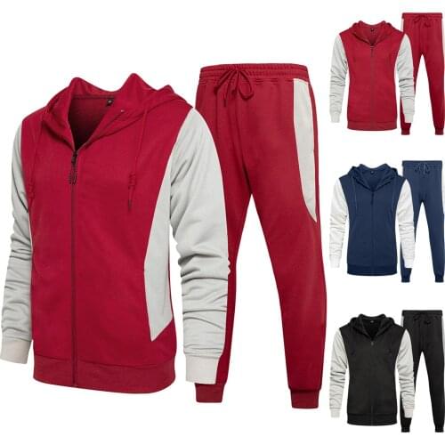 2021 Men’s Autumn 2-piece Hooded Patchwork Long Sleeve Top Blouse & Long Pants Sets High Quality Daily Fashionable Design Suit