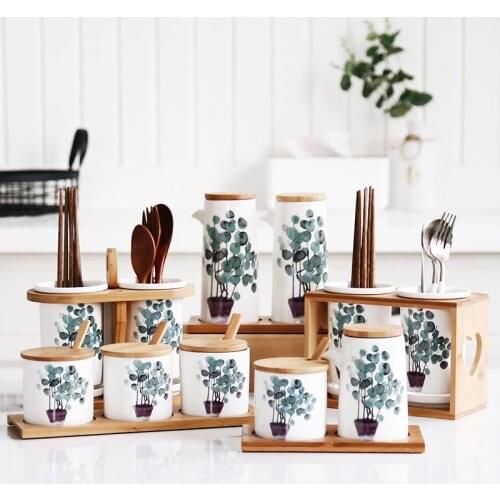 Nordic green plant home ceramic seasoning jar Chopsticks storage oil pot salt shaker combination set Restaurant kitchen supplies