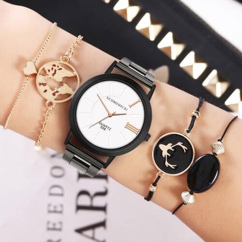 New 5pcs ECONOMICXI Popular Quartz Watch Luxury Bracelet Gemstone Bracele Watch damenuhr Reloj Mujer Black Clock Watch set #N03