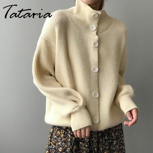 Autumn Winter Knitted Cardigan for Women 2021 Single Button Up Brown Sweater High Fashion Tricot Turtleneck Coats Female Tops
