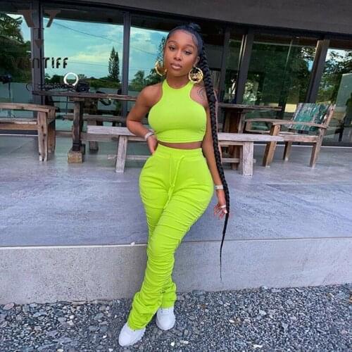 Bodycon Women Tops Summer New Women Clothing Sexy Crop Tank Tops Hip Lifting Hanging Neck Wrinkle Sports Leisure Suit for Girl