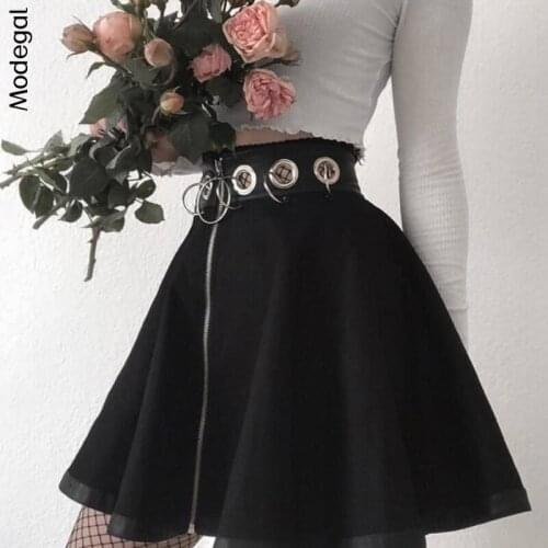 Modegal Womens Goth Zipper Front Ring Mini Skirts High Waist Black Punk Harajuku Flared Swing Gothic Skirt For Halloween Party