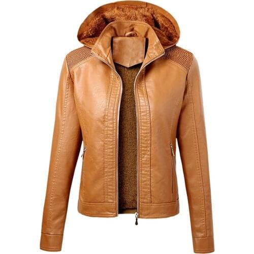 New Arrival Autumn Winter PU Leather Jacket Women Hooded Collar Windbreaker Coat Women Wool Liner Keep Warm Slim Fit Outwear