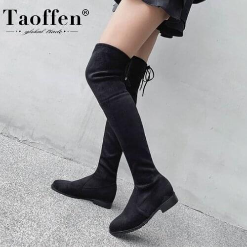 Taoffen Women 'S Over The Knee Boots Shoes Thick Heels Stretch Long Boots Flock Fashion Party Ladies Footwear Size 34-40