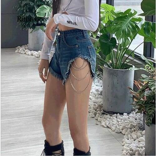 Rebicoo Streetwear Fringe Denim Shorts Women Bottoms Sexy Blue Hole Short Jeans High Waist Lace Up Skinny Summer Shorts