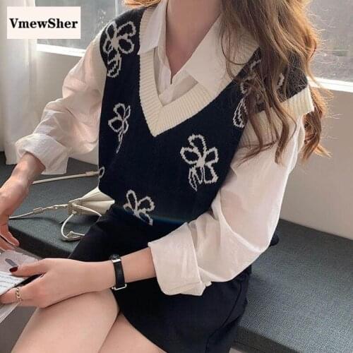 VmewSher New Cute Sweater Vest Women Preppy Style Flower Knitted Pullover V-Neck Sleeveless Knitwear Female Harajuku Jumper Tops