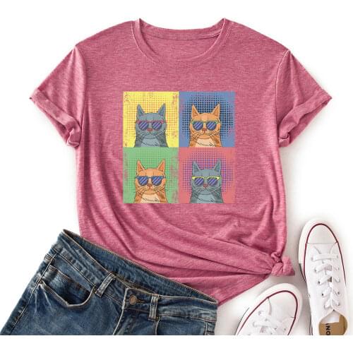 Women Crew Neck Short Sleeve Casual Summer T-shirts Cool Cats Graphic Tee Shirts Tops Female Clothes Streetwear Shirts
