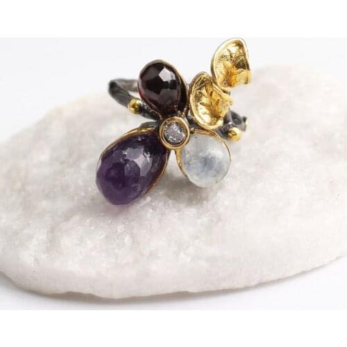 Black Purple and White Zircon Pearl Gold Plated Womens Silver Ring, Woman 925Silver Zircon Handmade Ring, MultiColor Oval