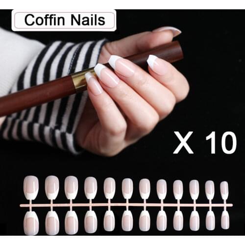 10 Sets Short Coffin Fake Nails Classical French Tips Full Cover Artificial False Nails Press On Nails Long Display