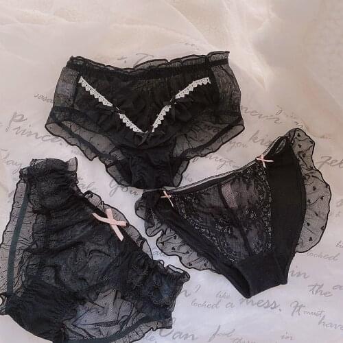 3pcs/lot Japanese sweet sexy underwear female mysterious black lace mesh flash ribbon bow shorts