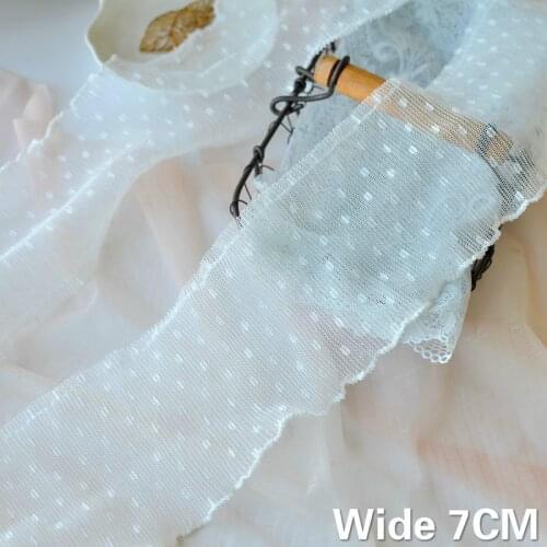 7CM Wide Tulle Fabric White Small Dots Mesh Lace Stitching Ruffle Embroidery Ribbon Trim Dress Curtains DIY Sewing Fringe Decor