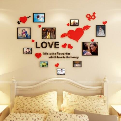 Free shipping LOVE heart Acrylic mirror wall stickers Living room Photo frame DIY art wall decor Bedroom 3D wall stickers
