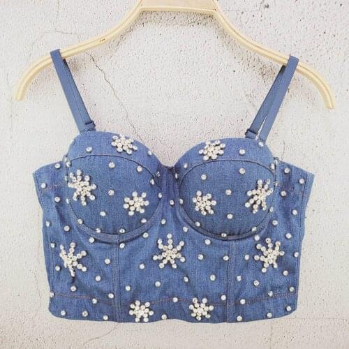 Beaded diamond denim camisole retro slim backless crop jean tops womens underwired push up bustier bra nightclub party tanks