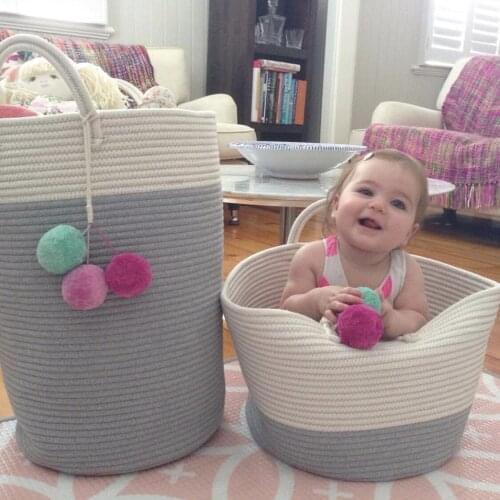 Cotton Braided Shou Na Tong Fuzzy Ball Hanging Drop Laundry Storage Basket 100% Cotton Clothing Fabric Eco-friendly,folding