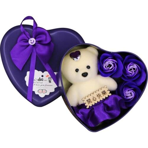 1 Set Artificial Soap Rose Artificial Flower Bear Doll Heart-shaped Valentine Day Gift Box Party Wedding Decoration Home Decor