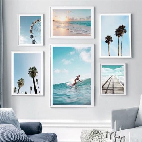 Nordic Sea Beach Landscape Wall Art Canvas Painting Surf Girl Palm Leaf Pineapple Blue Bus Poster Living Room Decoration Picture