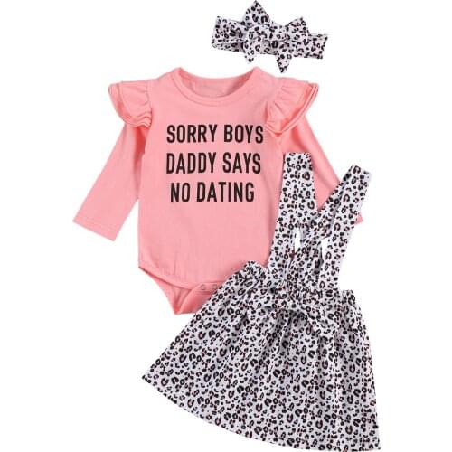 3Pcs Newborn Baby Girls Autumn Sets Long Sleeve Print O Neck Romper Leopard Suspender Skirt Bow Headband Infant Outfits 0-24M