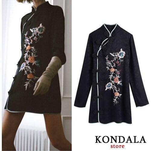 KONDALA Za Women Dress Vintage Embroidery Print Sheath Mini Dress Long Sleeve Slim Sexy Chinese Style Vestidos Mujer