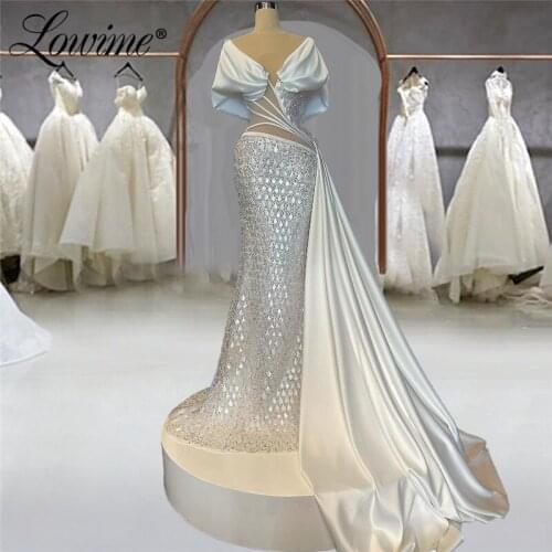 Lowime Couture Crystal Long Evening Dresses Mermaid Handmade Beaded Party Dress For Wedding Abendkleider Illusion Prom Dresses