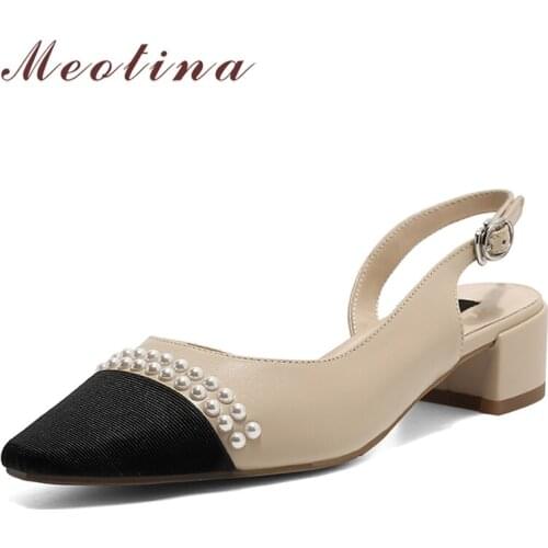 Meotina Women Shoes Genuine Leather Sandals Med Heel String Bead Sandals Square Toe Cow Leather Ladies Footwear Summer Apricot