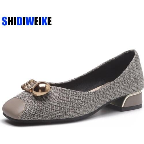 New Fashion Women Spring Autumn Pump High Quality Weave Square heel Buckle office shoes Female Square Toe Shoes Woman Gladiator