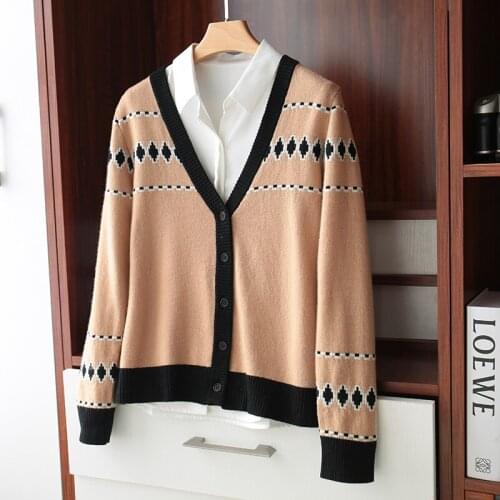 New Style Womens Sweater 100% Pure Wool Thread Striped Knitted Cardigan V-Neck Long-sleeved Jacket Outer Slim Cardigan