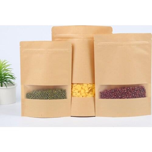 18*30+5 Food Moisture Barrier Bags Packaging sealing pouch Brown Kraft Paper Doypack Pouch with clear Window