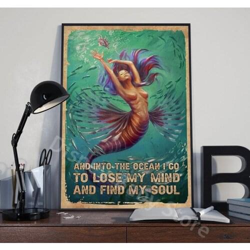 Lose My Mind and Find My Soul Mermaid Poster Retro Canvas Painting Posters and Prints Wall Art Pictures for Home Living Room