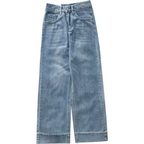 Polished white retro blue early autumn Korean style high-rise loose straight-leg jeans pants