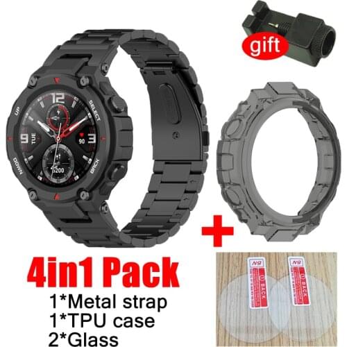 4in1 strap for Amazfit T rex smart watch Band stainless steel Bracelet for amazfit T REX PRO case cover glass screen protector