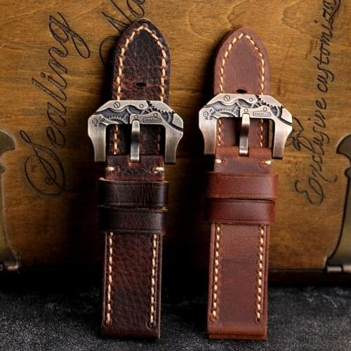 Handmade Leather Watchband, 20 22 24 26MM Compatible With PAM111 441 Bronze Watch Buckle, Men First Layer Leather